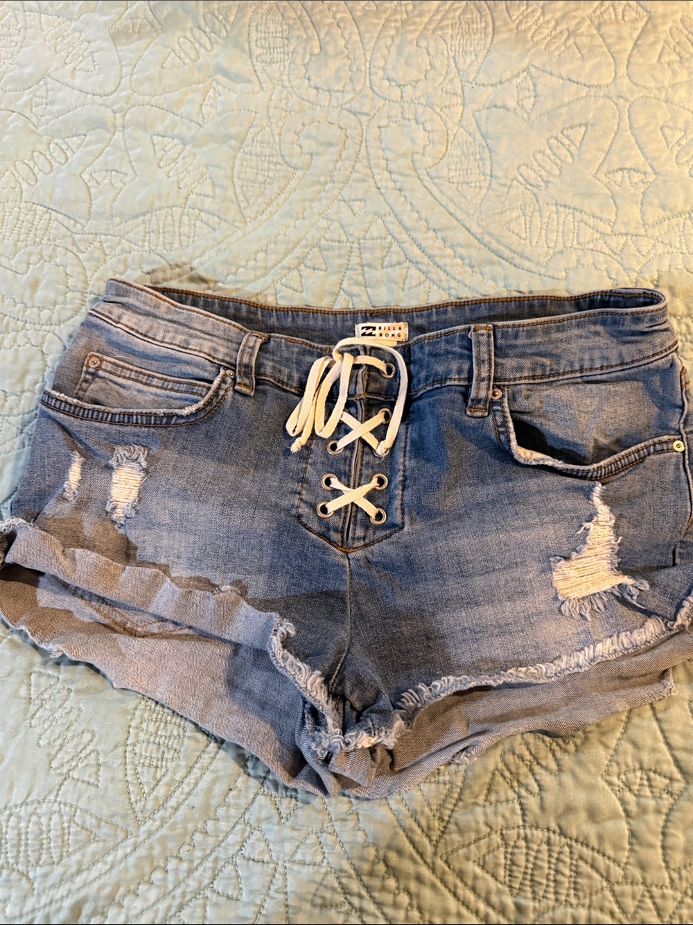 Billabong Lace-Up Distressed Light Blue Denim Shorts